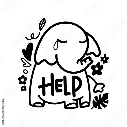 Elephant crying because of poaching and asking for help cartoon vector illustration doodle style. Stop killing elephants for tusks.