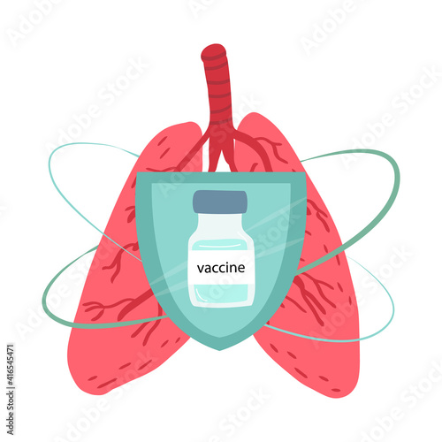 Pneumonia, bronchial infections awareness, prevention disease concept.Human lungs and protection shield and vaccine vial