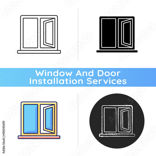 Casement windows icon. Movable window. Preventing unwanted airflow into house. Ventilation control. Easy opening and closing. Linear black and RGB color styles. Isolated vector illustrations