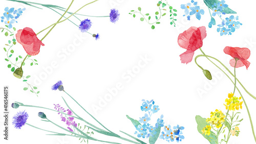 春の野原のお花のフレームデザイン。水彩イラストのトレースベクター。レイアウト変更可能。