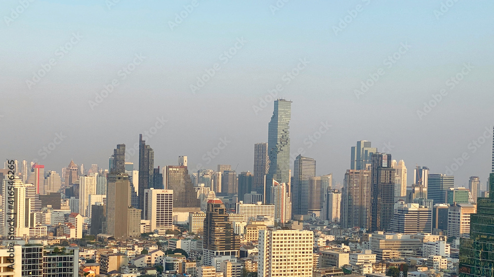 beautiful panoramic view of Bangkok central business district cityscape with air pollution from PM2.5