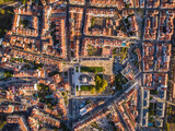 Aerial top down view of traditional residential neighbourhood at sunrise in Lisbon, Portugal.