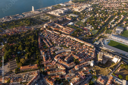 Aerial view of the historic Belem District at sunrise in Lisbon, Portugal.