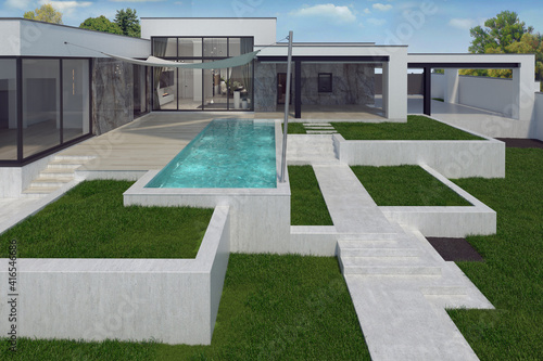 Backyard land art with changes in elevation, 3D render