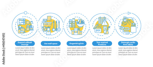 Freeing up storage space vector infographic template. Decluttering advices presentation design elements. Data visualization with 5 steps. Process timeline chart. Workflow layout with linear icons