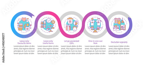 Tips of decluttering vector infographic template. Leave useful items presentation design elements. Data visualization with 5 steps. Process timeline chart. Workflow layout with linear icons