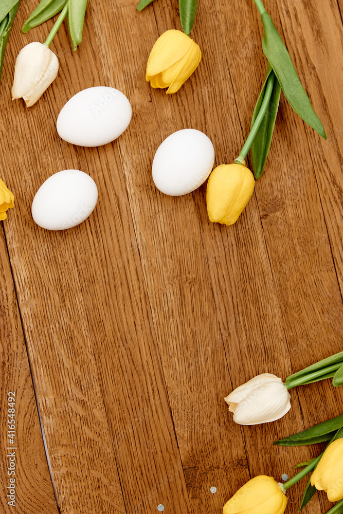 wooden background chicken eggs tulips decoration Copy Space wooden background chicken eggs tulips decoration Copy Space