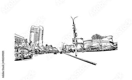 Building view with landmark of Novosibirsk is the
city in Russia. Hand drawn sketch illustration in vector.