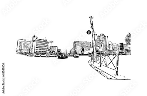Building view with landmark of Novosibirsk is the
city in Russia. Hand drawn sketch illustration in vector.