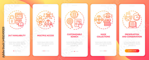 Online library benefits onboarding mobile app page screen with concepts. Customizable search walkthrough 5 steps graphic instructions. UI vector template with RGB color illustrations