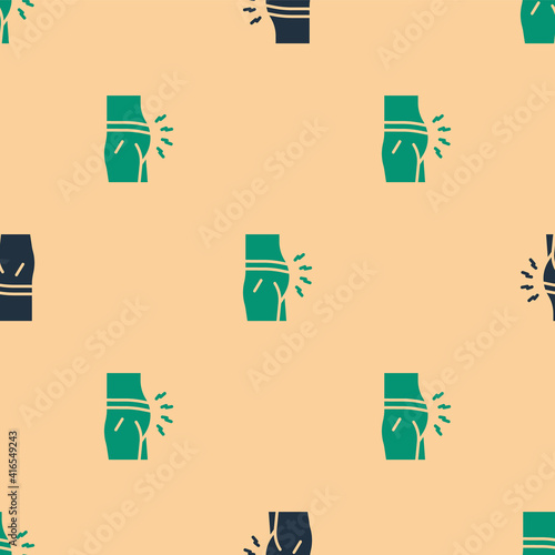 Green and black Abdominal bloating icon isolated seamless pattern on beige background. Constipation or diarrhea. Vector.