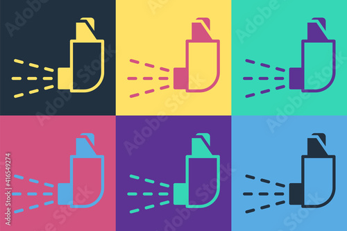 Pop art Inhaler icon isolated on color background. Breather for cough relief, inhalation, allergic patient. Medical allergy asthma inhaler spray. Vector.