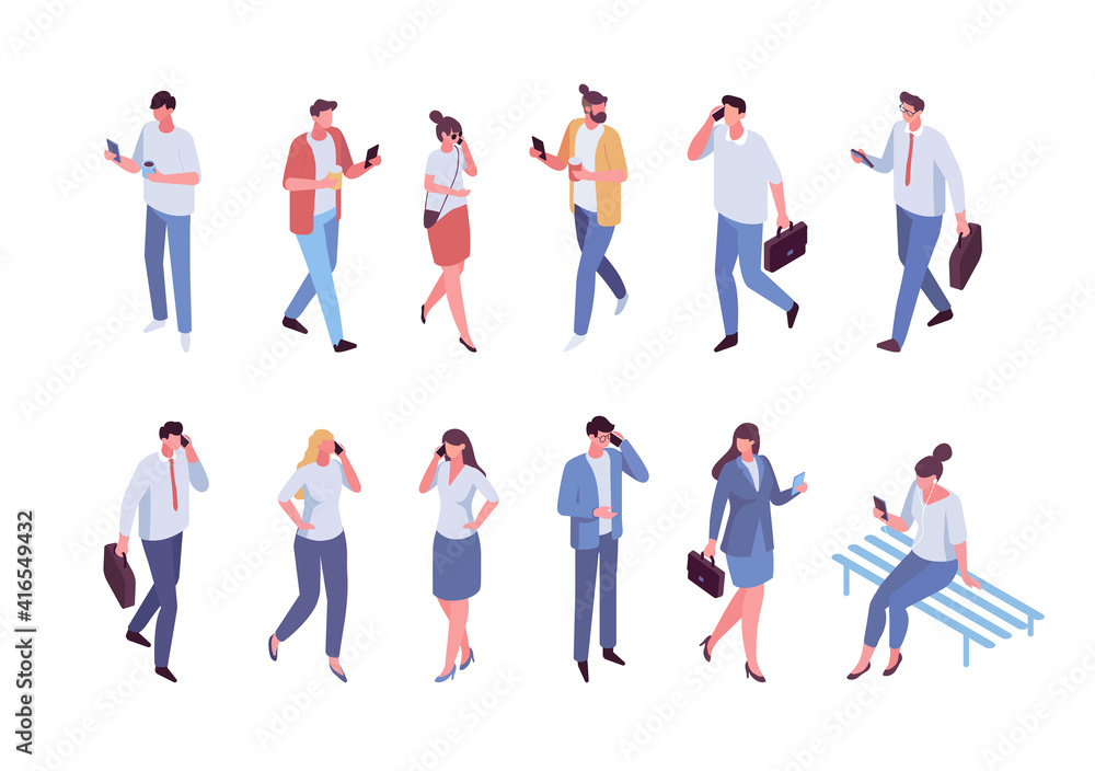 Isometric people Phone talking. Communication. Vector male and female characters with smartphones isolated on white background