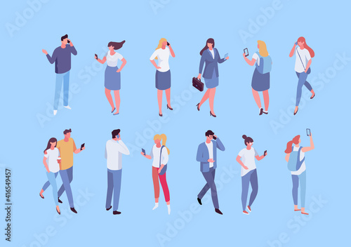 Isometric people Phone talking. Communication. Vector male and female characters with smartphones isolated on white background