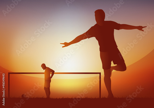 Concept du succès, avec un joueur de football qui hurle sa joie, après avoir marquer le but sur penalty, lors d’un match de championnat.