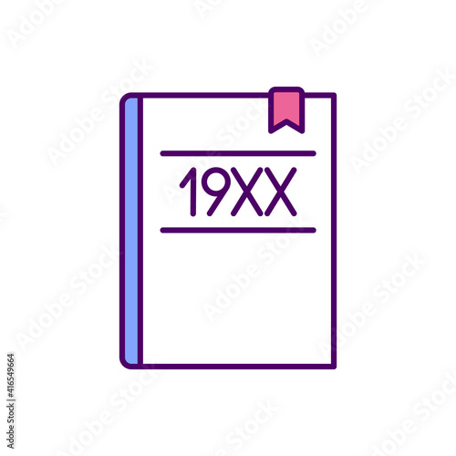 Library archive collection RGB color icon. First edition of ancient books. Manuscripts. Rare books. White book with short tittle. 19th century old book. Isolated vector illustration