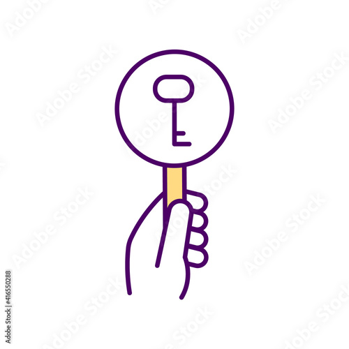 Hand with magnifying glass RGB color icon. View of the door key through a magnifying glass. Adventure. Detective story. Thorough search for information. Isolated vector illustration