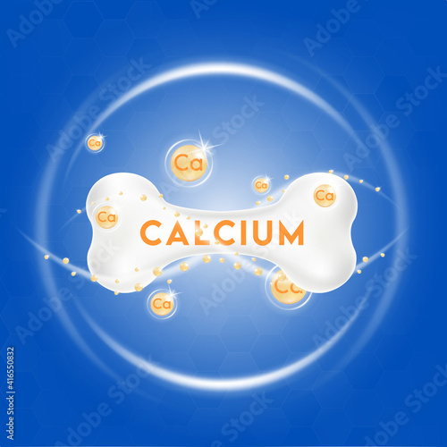Calcium mineral gold. Glossy drop pill capsule Mineral and vitamin complex. Dietary supplement bone, Medical or healthcare concept.  Vector EPS10