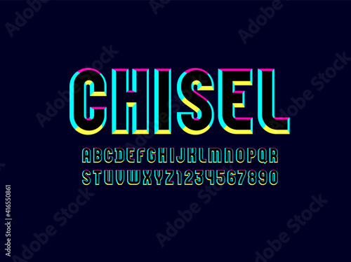 Bright facet font, colored alphabet from chiseled block, beveled Latin letters and Arab numbers, vector illustration 10EPS