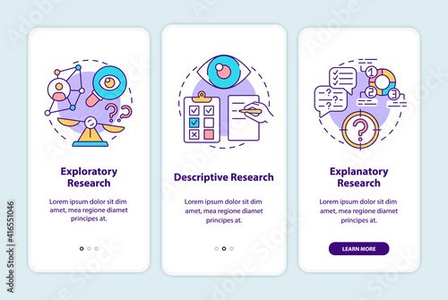 Types of scientific research onboarding mobile app page screen with concepts. Study and experiment walkthrough 3 steps graphic instructions. UI vector template with RGB color illustrations