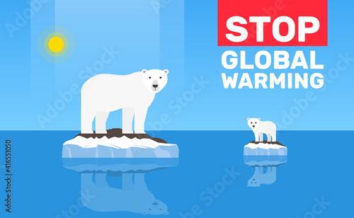 stop global warming change climate concept .polar bear and cube on floe melting iceberg vector illustration