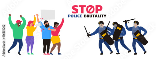 stop police brutality  policemen in uinform attack a protesters people vector illustration