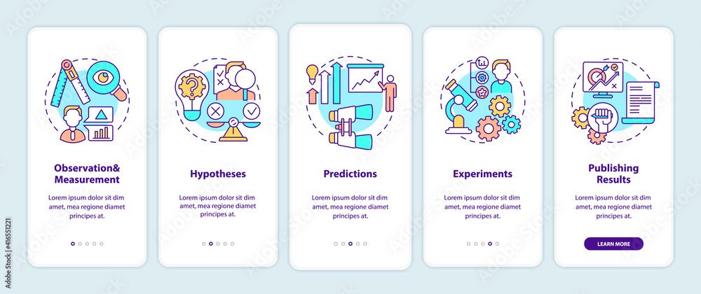 Scientific method elements onboarding mobile app page screen with concepts. Getting knowledge about world walkthrough 5 steps graphic instructions. UI vector template with RGB color illustrations