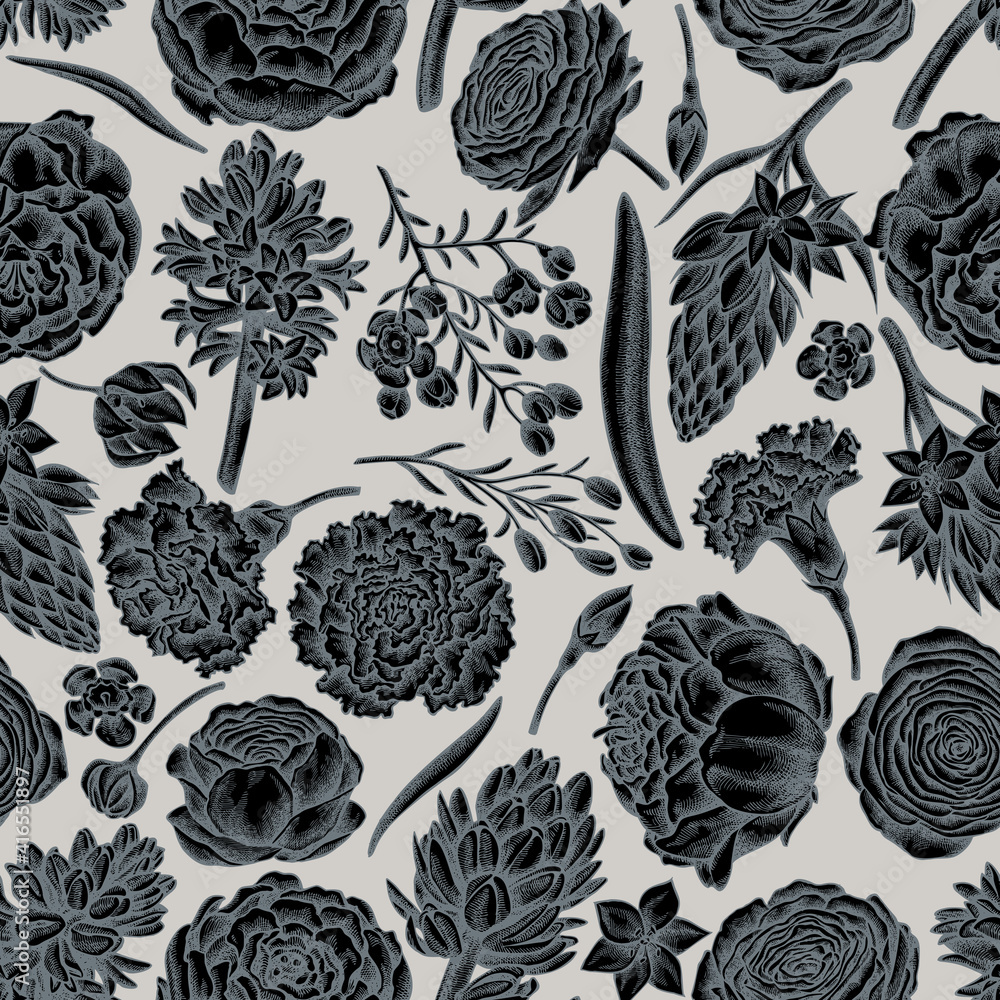 Obraz Seamless pattern with hand drawn stylized peony, carnation, ranunculus, wax flower, ornithogalum, hyacinth