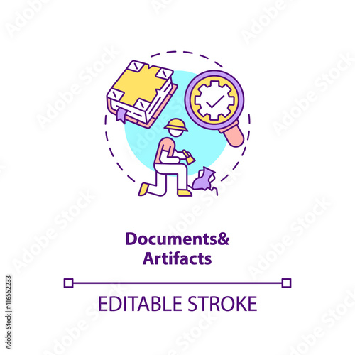 Documents and artifacts analysis concept icon. Documentary data data idea thin line illustration. Qualitative researching. Vector isolated outline RGB color drawing. Editable stroke