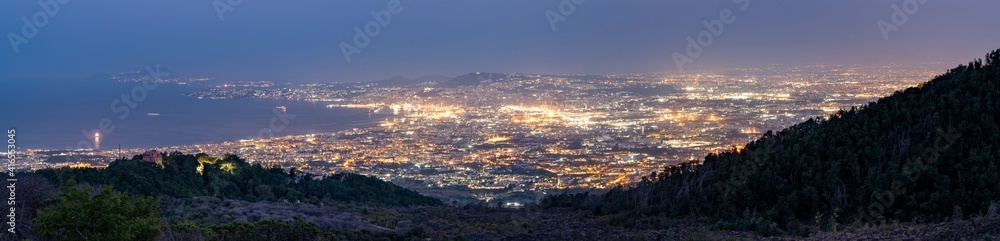 Panoramic of Naples city lights and Gulf at dusk from Vesuvius, Naples, Campania, Italy, Europe Panoramic of Naples city lights and Gulf at dusk from Vesuvius, Naples, Campania, Italy, Europe