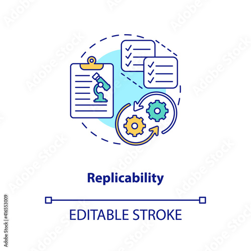 Replicability concept icon. Replicating and repeating scientific study idea thin line illustration. Test results of research. Vector isolated outline RGB color drawing. Editable stroke