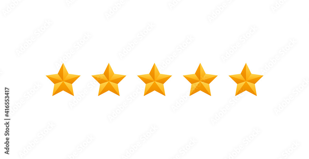 5 star review. Five gold stars icon - service rate or quality feedback sign. Flat style vector illustration. 5 star review. Five gold stars icon - service rate or quality feedback sign. Flat style vector illustration.