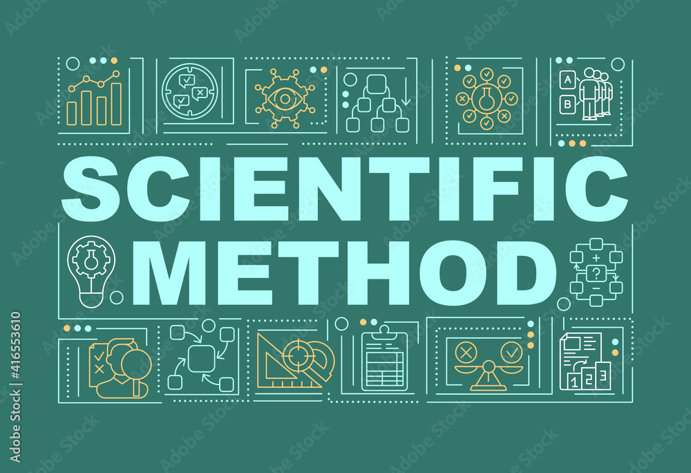 Scientific method word concepts banner. Discovering new things. Getting new knowledge. Infographics with linear icons on green background. Isolated typography. Vector outline RGB color illustration