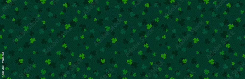 Green Patricks Day greeting banner with green clovers. Patrick's Day holiday design. Horizontal background, headers, posters, cards, website. Vector illustration