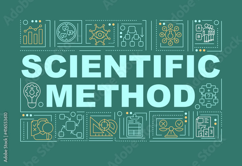 Scientific method word concepts banner. Discovering new things. Getting new knowledge. Infographics with linear icons on green background. Isolated typography. Vector outline RGB color illustration