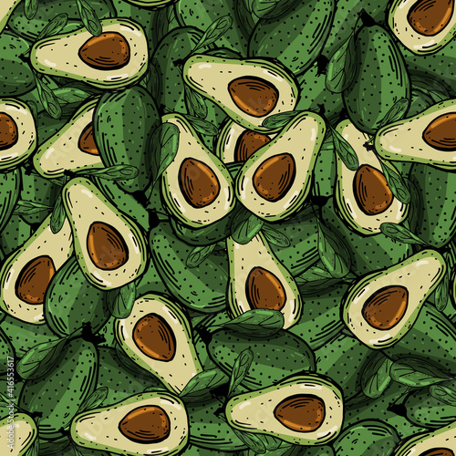 Sketch cartoon avocado pattern. Olive green seamless background. Vector illustration. Vegetarian Organic