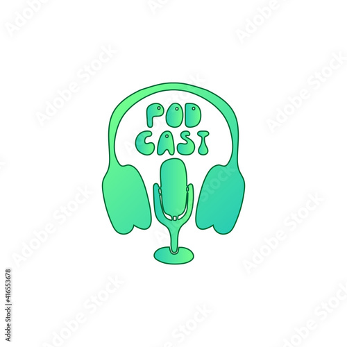 Microphone headphones podcast doodle. Online concept. Modern scetch vector illustration for blogger. Digital background. Lettering vector.