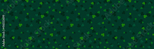 Green Patricks Day greeting banner with green clovers. Patrick's Day holiday design. Horizontal background, headers, posters, cards, website. Vector illustration
