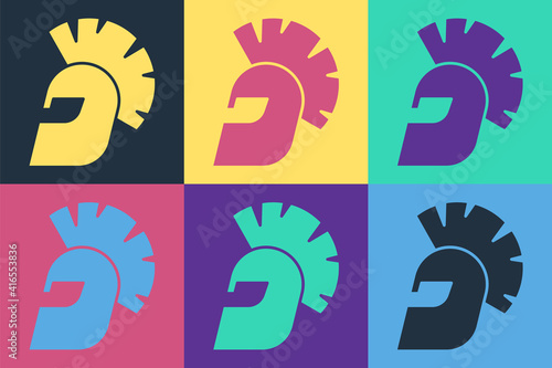 Pop art Greek helmet icon isolated on color background. Antiques helmet for head protection soldiers with a crest of feathers or horsehair. Vector.