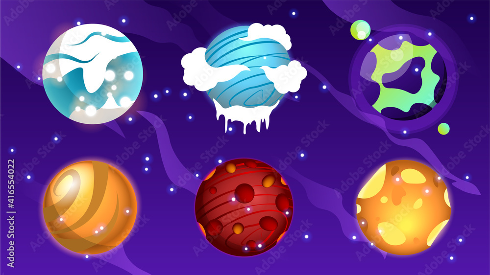 Vector set of cartoon planets. Colorful set of isolated objects. set of beautiful cartoon icons of planets in the universe.