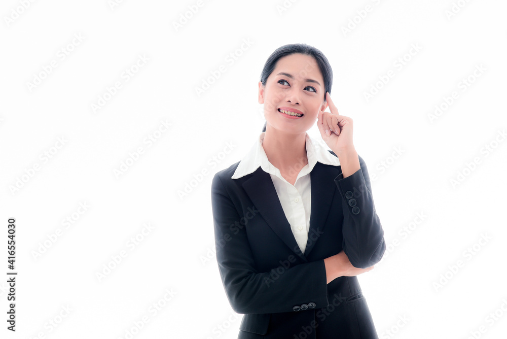 Asian businesswoman, long hair in a black suit, looks smart and young girl, aged 25-30 years, is using the ideas and answers that are needed. Made her smile with confidence Asian businesswoman, long hair in a black suit, looks smart and young girl, aged 25-30 years, is using the ideas and answers that are needed. Made her smile with confidence