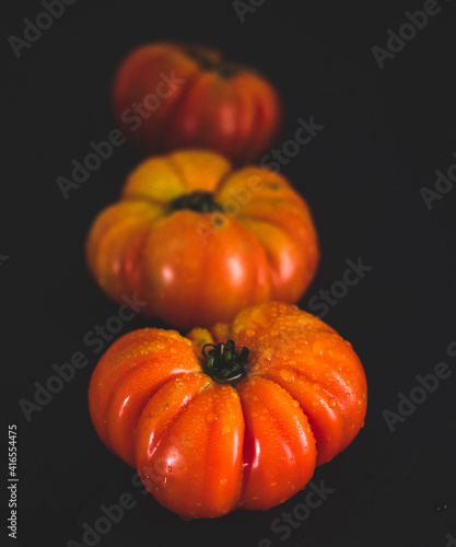 Spanish tomatoes in a row. Black background. Angle view. Depth of field.