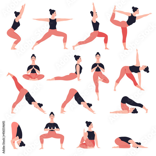Set of yoga poses. Healthy lifestyle. Female cartoon character demonstrating yoga positions. Vector flat illustration isolated on white background