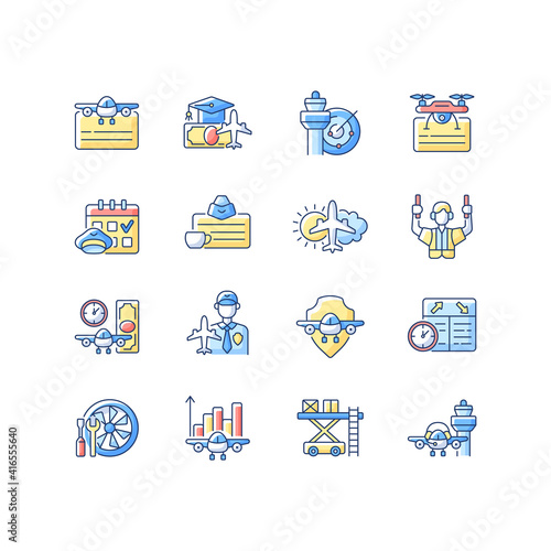 Aviation RGB color icons set. Civil aviation issues. Flight attendant license. Airlines management improvement. Pilot training financing. Aviation safety. Isolated vector illustrations