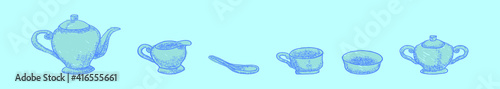 set of crockery cartoon icon design template with various models. vector illustration isolated on blue background