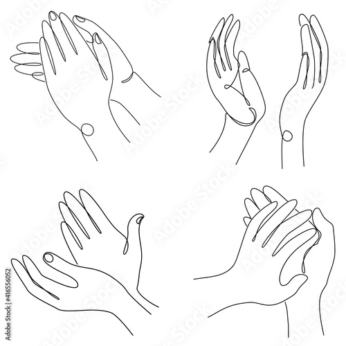 Collection. Silhouettes of human palms in a modern one line style. Hands clap applause. Continuous line drawing, aesthetic contour for decor, posters, stickers, logo. Vector illustration set.