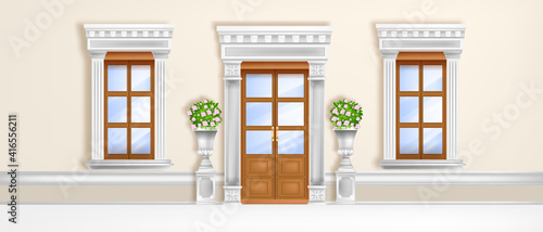 Classic palace door, roman windows front view with marble pillars, portal, vases, blooming roses, wall. Architecture traditional facade illustration with wooden antique entrance. Palace double door