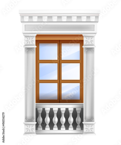 Classic vector palace wooden double door with balustrade, glass window, marble pillars isolated on white. Architecture entrance roman facade front view. Palace traditional door, vintage antique portal