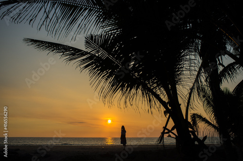 Girl silhouette over susnet sky and palms