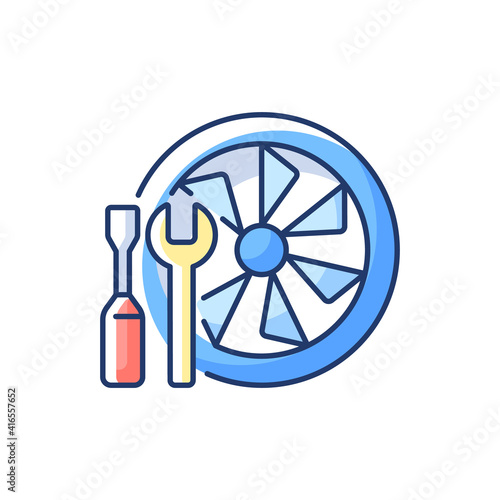 Aircraft maintenance RGB color icon. Civil aviation professional engine service. Safety flight. Airlines management improvement. Engine repair. Service engineer. Isolated vector illustration